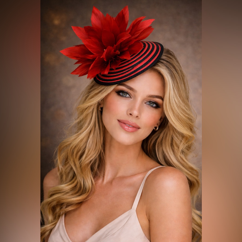 Red Feather Bloom Fascinator Black Crimson Striped Sinamay Ky Derby Headpiece